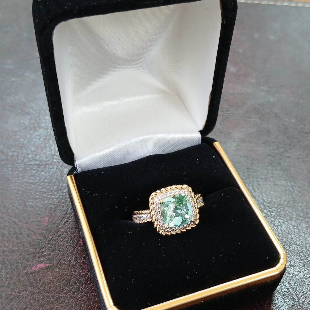 Diamonique Brand 18K Gold Clad Simulated Green Quartz Ring, Size 6